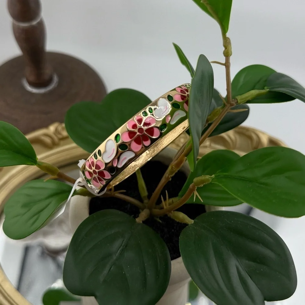 Hand Painted Floral Enamel Bangle with Gold Accents